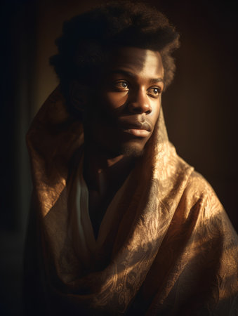 Portrait of a young african american man in a golden scarfの素材