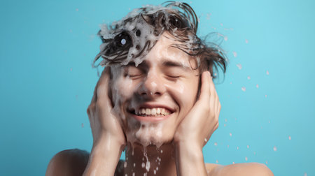 Young happy man washing his face with shampoo and foam on blue backgroundの素材