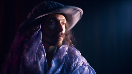 Portrait of a handsome man in a hat and scarf. Studio shot.の素材