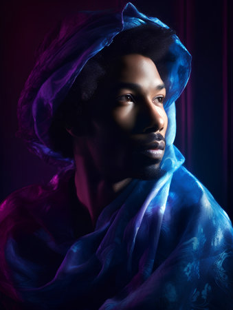 Portrait of a young african american man in a turban.の素材