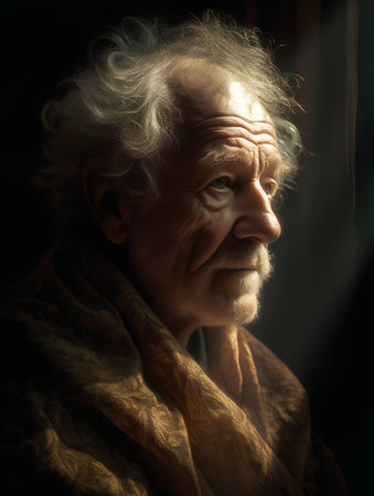 Portrait of an old man with a scarf on his head.の素材