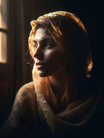 Portrait of a beautiful young woman with a shawl.の素材