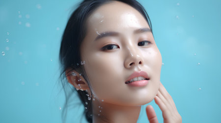 Beautiful young asian woman with clean fresh skin on blue background.の素材