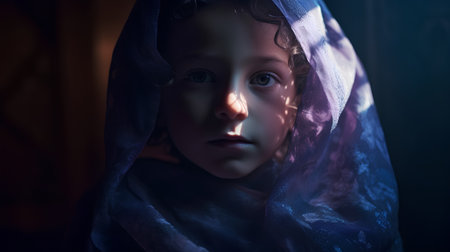Portrait of a sad child in a dark room with a hood.の素材