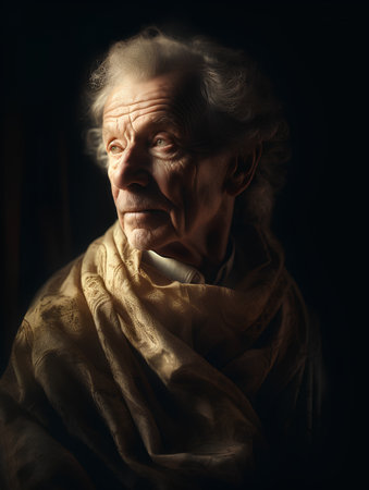 Portrait of an old man with a scarf on a dark backgroundの素材