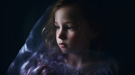 Portrait of a sad little girl in a white dress on a dark backgroundの素材