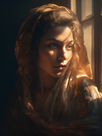 beautiful young woman with long curly hair in a veil near the windowの素材