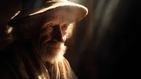 Portrait of an old man in a hat on a dark backgroundの素材