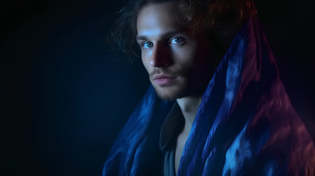 Portrait of a handsome man with a blue scarf on a dark backgroundの素材