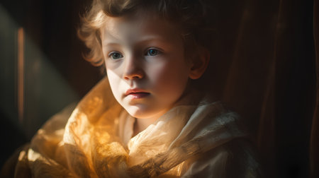 Portrait of a little boy in a yellow shawl.の素材