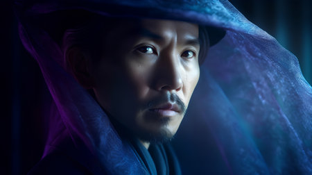 close up portrait of asian man wearing a veil and looking at cameraの素材