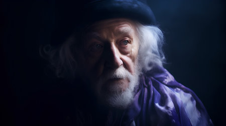Old man with long white beard and mustache in hat and purple scarf on dark backgroundの素材