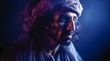 Portrait of a holy man in a turban over dark backgroundの素材