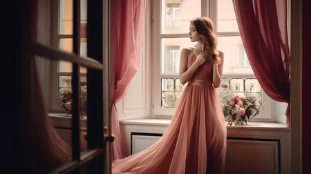 Beautiful young woman in a long evening dress standing near the windowの素材