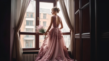 Portrait of a beautiful bride in a pink dress standing near the windowの素材
