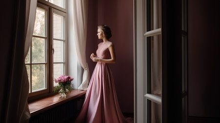 Beautiful young woman in a long pink dress standing near the windowの素材