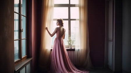 Beautiful woman in a long pink dress standing near the window.の素材