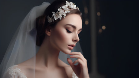 Portrait of a beautiful bride in a white wedding dress with a wreath on her headの素材