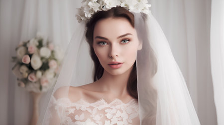 Portrait of beautiful bride in wedding dress with flowers in her hairの素材