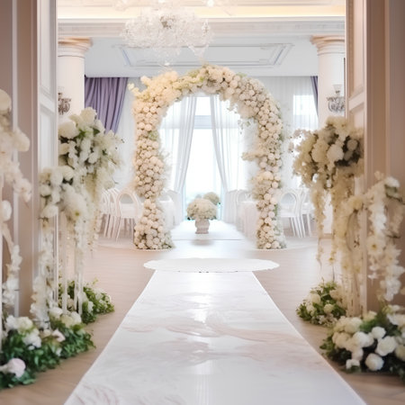 wedding arch decorated with white flowers and greenery, 3d renderの素材