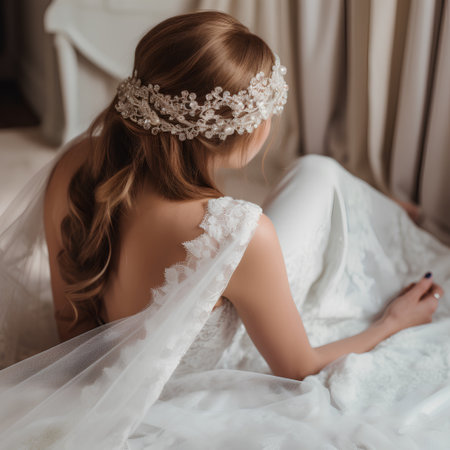 Beautiful bride in white wedding dress with lace veil sitting on the bedの素材