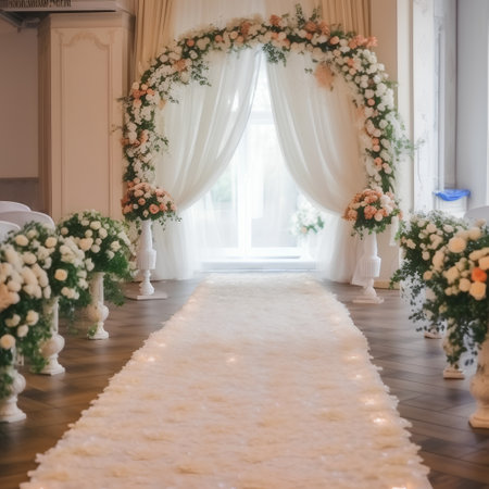 Wedding arch decorated with white flowers and green leaves on wooden floorの素材