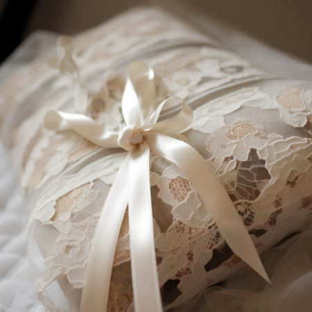 Wedding details. Laces and ribbons on the bed.の素材