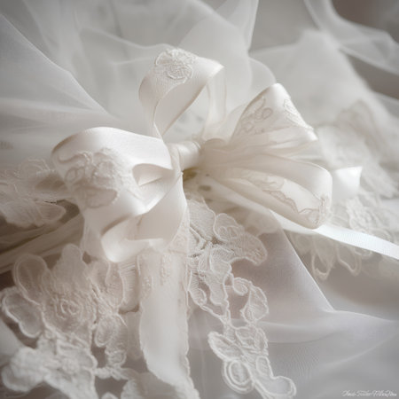 Wedding dress with lace and bow. Selective focus. Toned.の素材