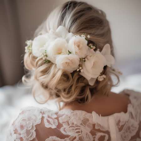 Beautiful wedding hairstyle with white roses in the hair of the brideの素材