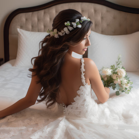 Beautiful bride with a bouquet of white flowers on the bedの素材