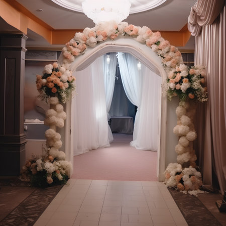 Wedding archway decorated with flowers in the interior of the roomの素材