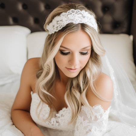 Beautiful bride in wedding dress with makeup and hairstyle, studio portraitの素材