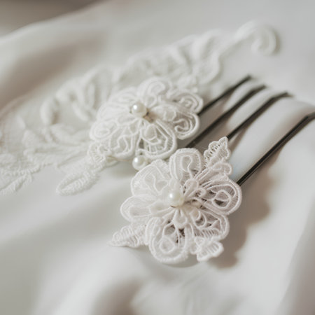 Wedding accessories on a white satin cloth. Selective focus.の素材