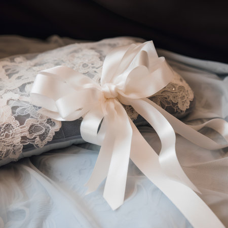 Wedding rings on the bed. Wedding details. Vintage style.の素材