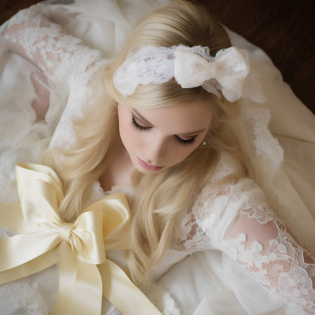 Portrait of a beautiful young blonde bride in a white lace dressの素材