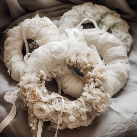 Wedding rings on the bed in vintage style. Wedding detailsの素材
