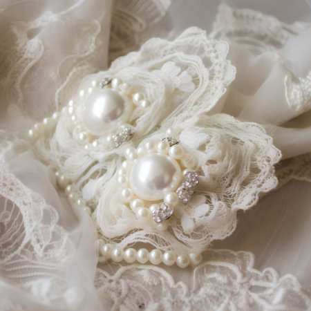 Wedding accessories with pearls and lace on white background.の素材