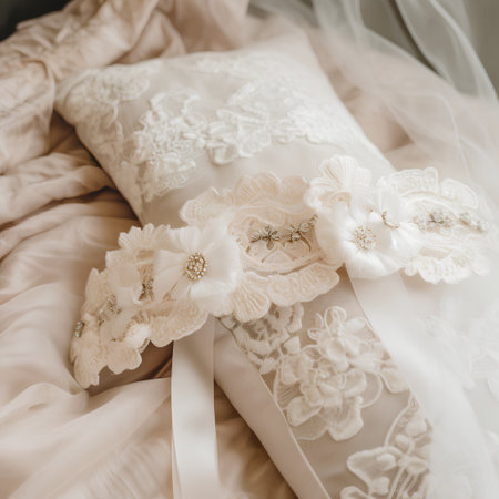 Wedding accessories. Bridal veil and pillow on the bedの素材