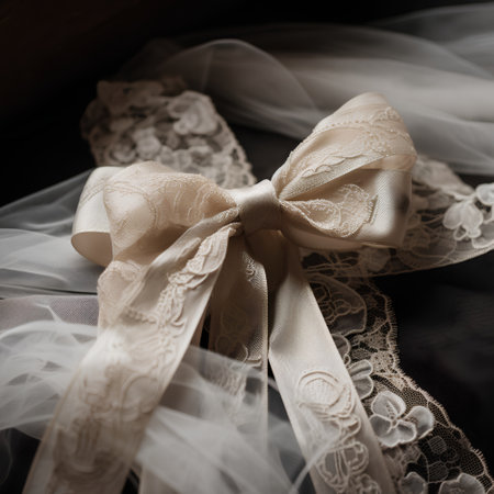 Close up of wedding garter and bow on black background. Toned.の素材