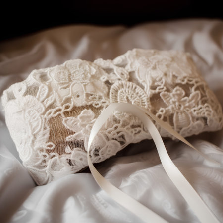wedding rings with lace on a white background close-upの素材