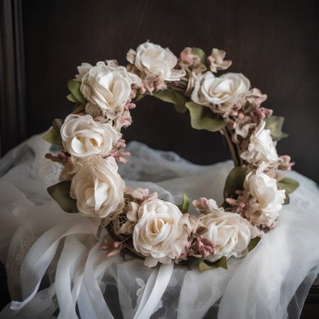 wedding bouquet of white roses in the form of a wreathの素材