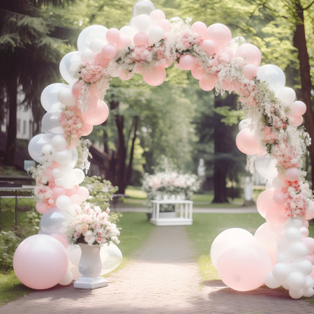 wedding arch decorated with pink and white balloons in the parkの素材