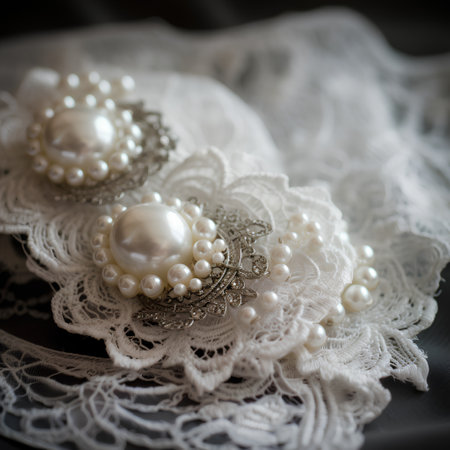 Wedding rings with pearls and lace. Selective focus.の素材