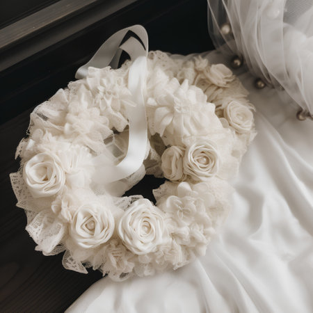 Wedding bridal bouquet of white roses on the bedの素材