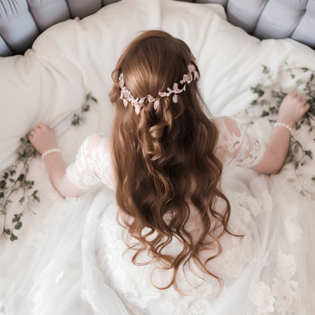 Back view of beautiful bride with long curly hair in white wedding dress sitting on bedの素材