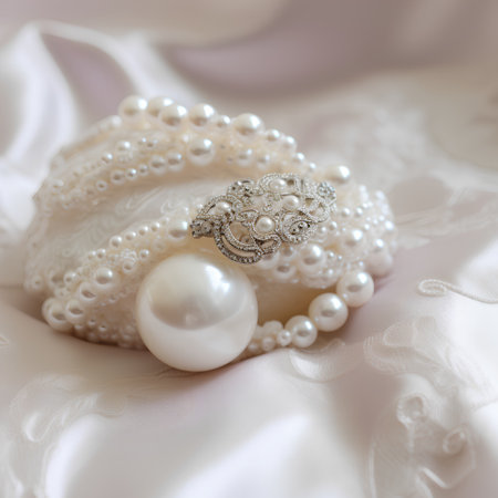 Wedding rings and pearls on white satin background.の素材