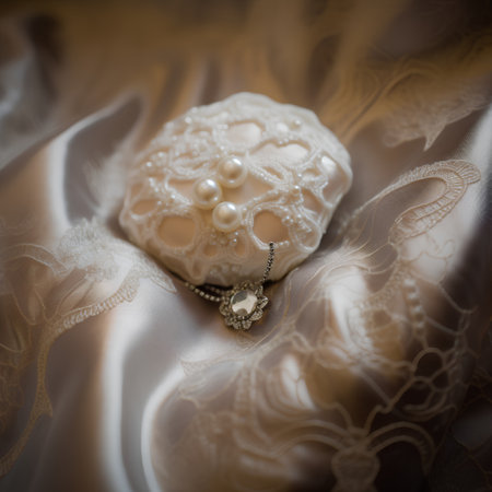 Jewelry on the background of the fabric with lace and pearlsの素材