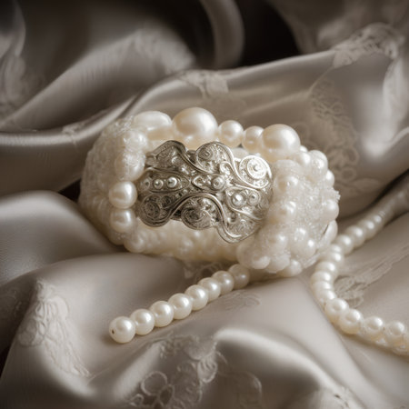Wedding rings and pearls on a soft satin backgroundの素材