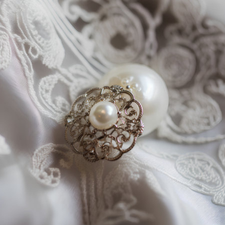 Close up of wedding rings with pearls on white lace background.の素材