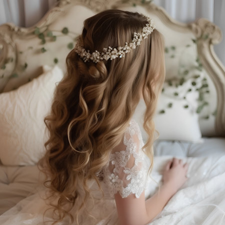 Beautiful bride in wedding dress on the bed. Wedding hairstyle.の素材